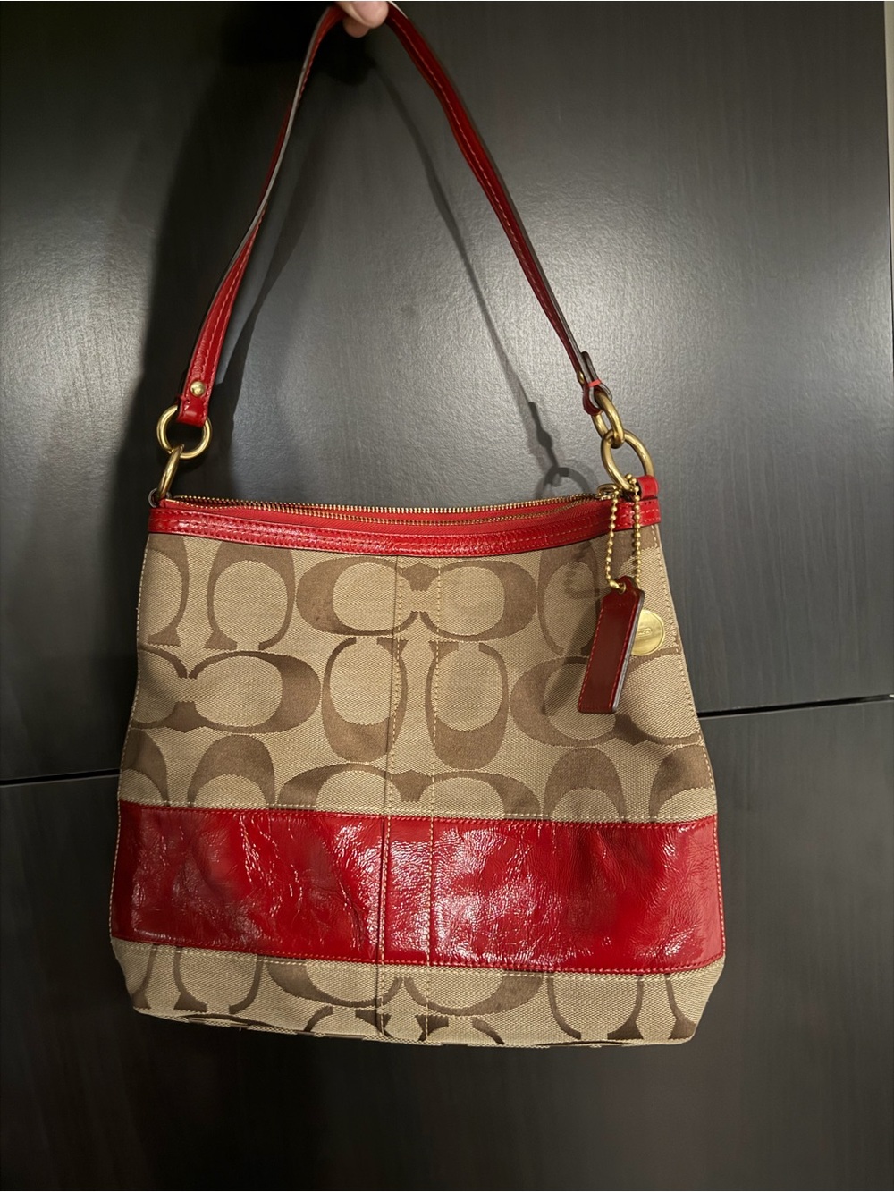 Coach Tan Signature Canvas Satchel with Red Leather Trim